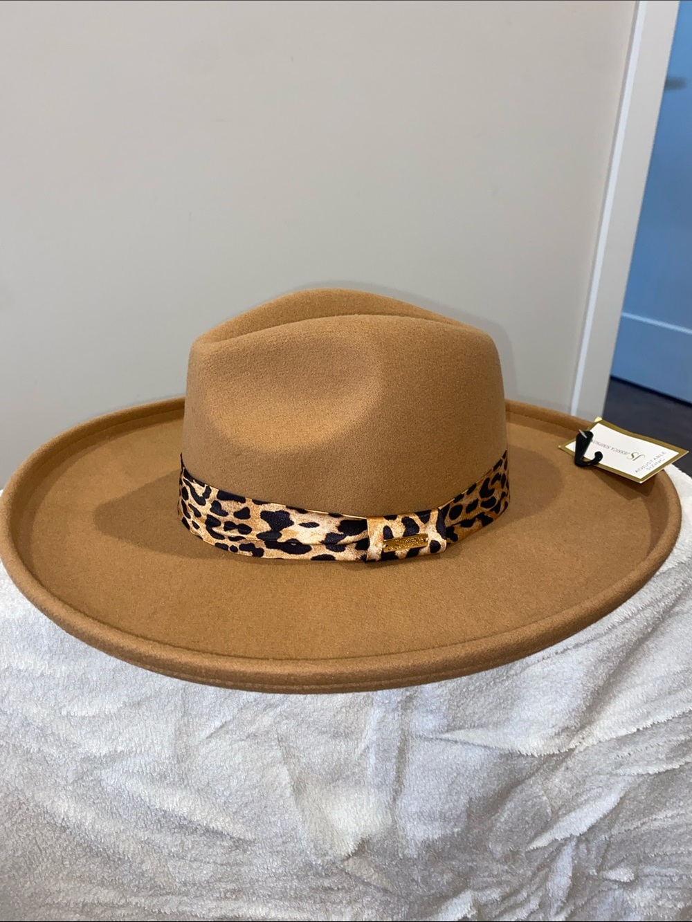 Jessica Simpson Camel Wide-Brim Fedora with Leopard Band